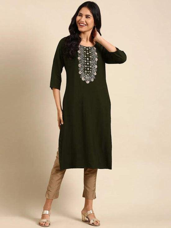 Women's Green Printed Straight Kurta-SKC-812-Olive