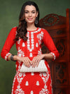 Ahika Women Red Viscose Rayon Solid Embroidered Chikankari Straight Kurta