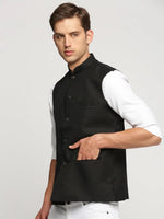 Men Black Mandarin Collar Solid Nehru Jacket-AD-J-450-Black