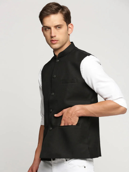 Men Black Mandarin Collar Solid Nehru Jacket-AD-J-450-Black