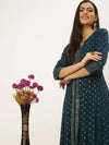 Women's Teal Printed Anarkali Kurtas-AT-A378-LG-Teal