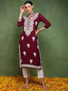 Ahika Women Burgundy Viscose Rayon Solid Embroidered Straight Kurta