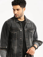 Men Grey Spread Collar Solid Denim Jacket-IB-DJ-09-Grey