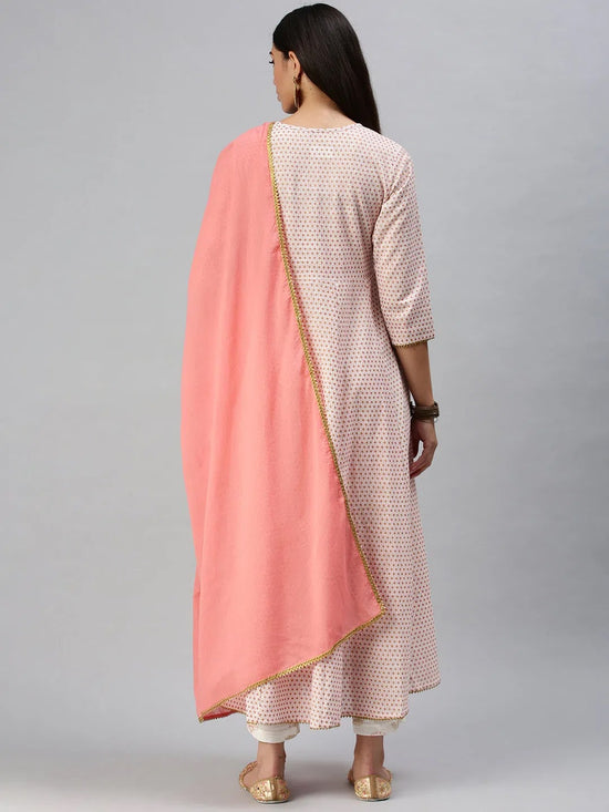 Women's White & Pink Printed Kurta Sets-BS1595A-White-Pink