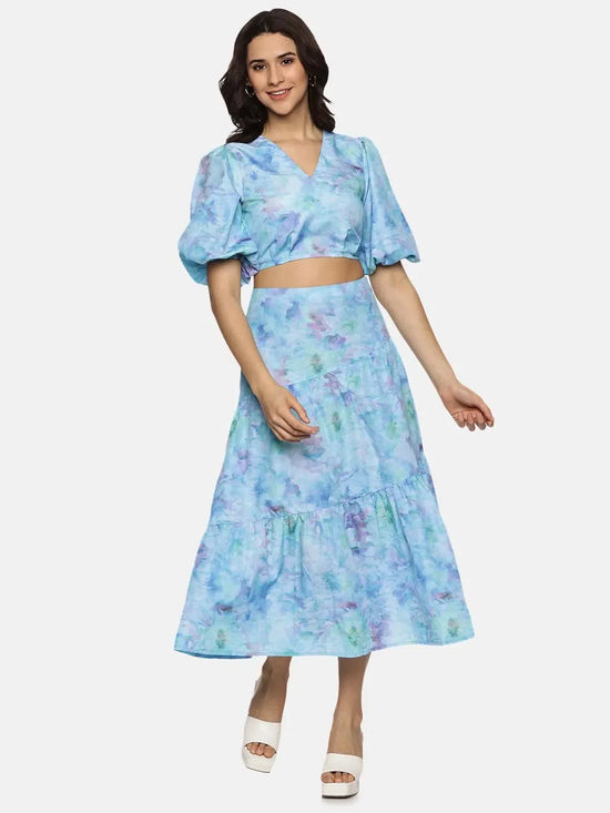 Floral Blue Cut And Sew Midaxi Co-ord Set-17337