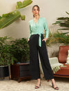 Women Sea Green & Black V Neck Belted Wrap Jumpsuit