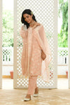 Vaasva Women Peach Linen Embroidered Solid Kurta Set With Solid Pants & Chiffon Embroidered Dupatta-142-Vaas-Peach