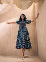 Women Blue Ikat Print Puff Sleeve Smocking Tiered Dress