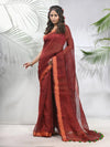 Maroon Linen Saree With Sequined Work In Stripes-MA56LN331160038