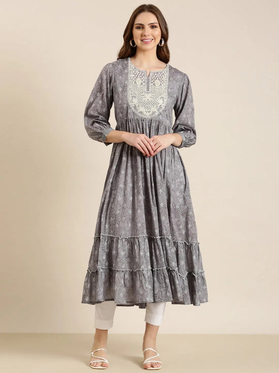 Women Grey Floral Anarkali Kurta-BC-CK-982-Grey