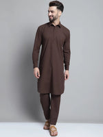 Men's Coffee Brown Cotton Solid Pathani Kurta with Salwar-JOKP-696Coffee