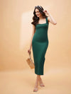 Women Emerald Green Square Neck Midi Slit Dress