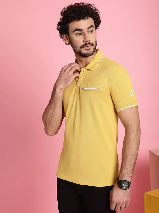 Venitian Men  Pique Matty Cotton Yellow 2 Zipper Pocket Polo Neck T-Shirt