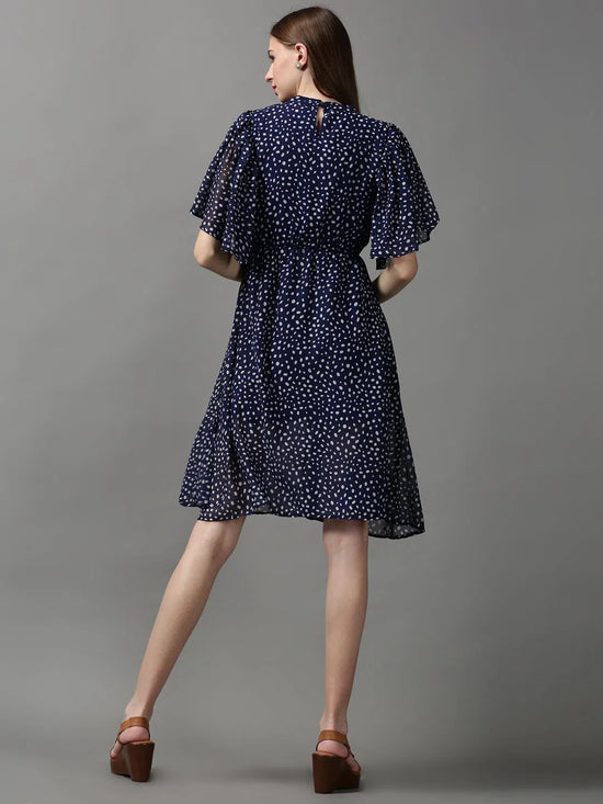 Women's Blue Printed Fit and Flare Dress-AE-7071-Navyblue