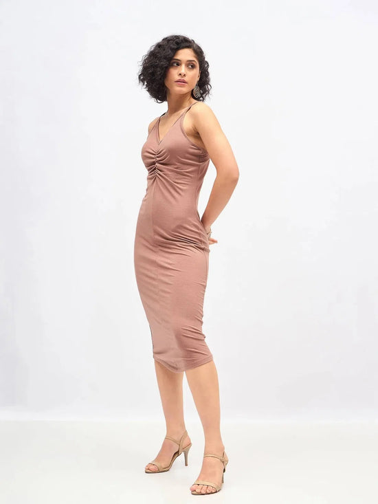 Women Brown Strappy Front Ruched Dress