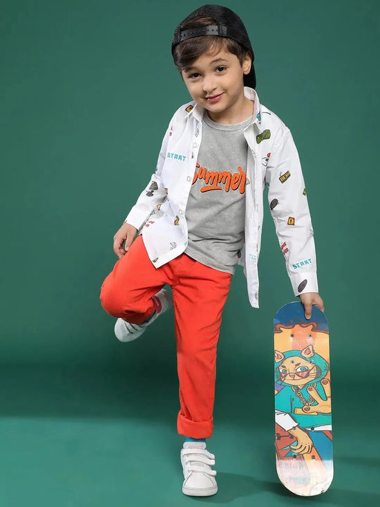 Tales & Stories White Printed Cotton Shirt For Boys