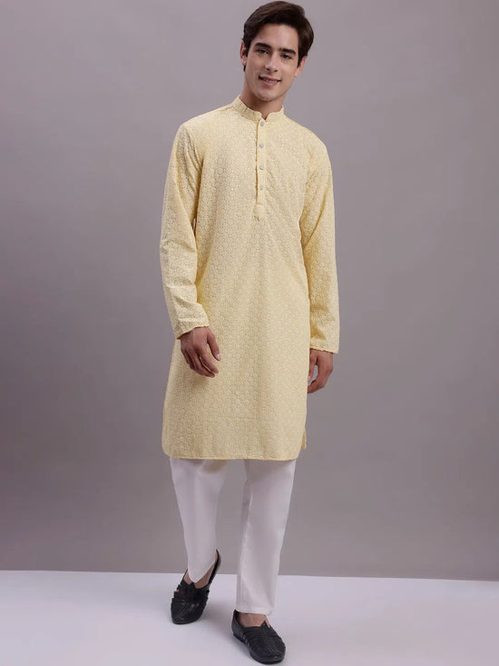 Men's Yellow Chikankari Embroidered and Sequence Kurta with Pyjama.-JOKP-P-5000Yellow