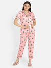 Smarty Pants Women's Silk Satin Pink Color Panda Print Lapel Collar Night Suit