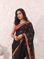 Black Cotton Saree With Woven Designs And Zari Border-MA54BCT041380039