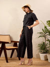 Women Black Schiffli Crop Shirt With Wide Leg Pants