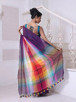 Violet And Multicolor Colorblocked Mulmul Cotton Saree-MA64MCT33770056