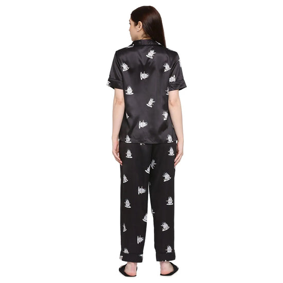 Smarty Pants Women's Silk Satin Black Color Penguin Printed Night Suit