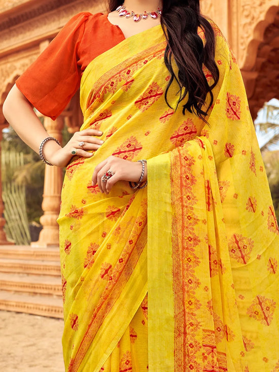 Saree Mall Women's Chiffon Yellow Printed Designer Saree With Blouse Piece-STARCFN31201C