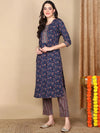 Ahika Women Navy Blue Cotton Printed Straight Kurta Pant Set-VKSKD2107_M