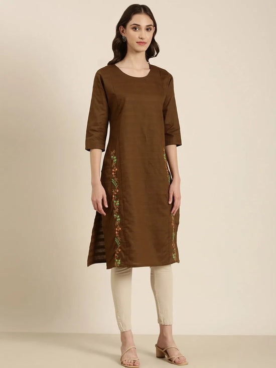 Women Coffee Brown Solid Straight Kurta-DF-1555-Coffeebrown