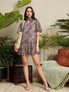 Women Brown Floral Frill Hem Short Dress