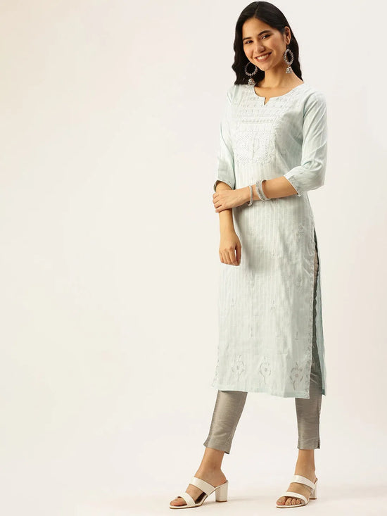 Women's Blue Striped Straight Kurtas-AT-A309-K-Blue