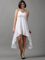 Women's White Solid Fit and Flare Dress-FS-0052-White