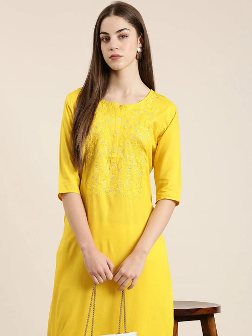 Women Yellow Solid Straight Kurta-NJ-3709228-Yellow