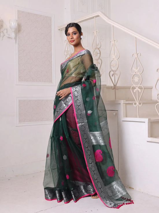 Emerald Green Muslin Saree With Zari Woven Nakshi Borders-MA62MS331980032