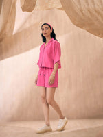 Women Pink Solid Crop Shirt With Shorts