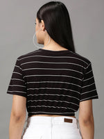 Women's Black Striped Cinched Waist Crop Top-AE-10503-Black