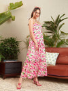 Women Pink Floral Strappy Ruflle Maxi Dress