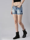 Women's Blue Solid Denim Shorts-LT-7404-Blue