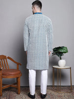 Sequin Embroidered Silk Blend Kurta with Pyjamas-JOKP-P-5007Peacock