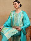 Ahika Women Turquoise Blue Cotton Blend Embroidered Straight Kurta Pant Set