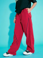 Girls Red Contrast Piping Cargo Parachute Pants