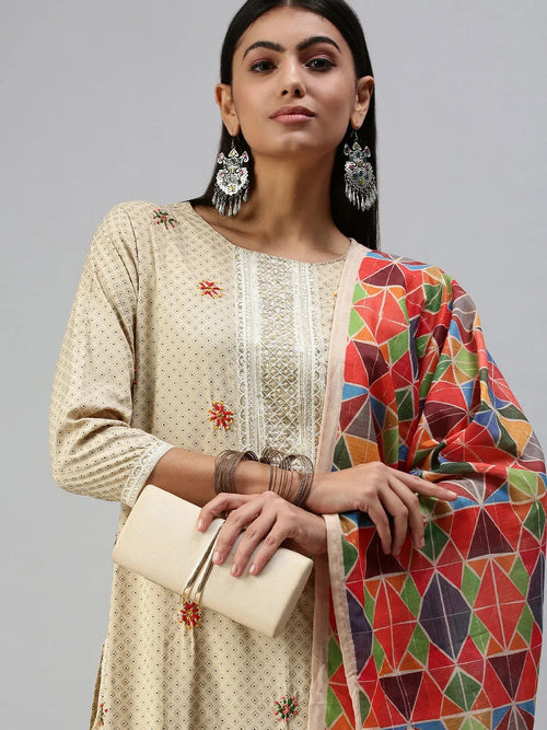 Women's Beige Printed Kurta Sets-GW1684-Cream