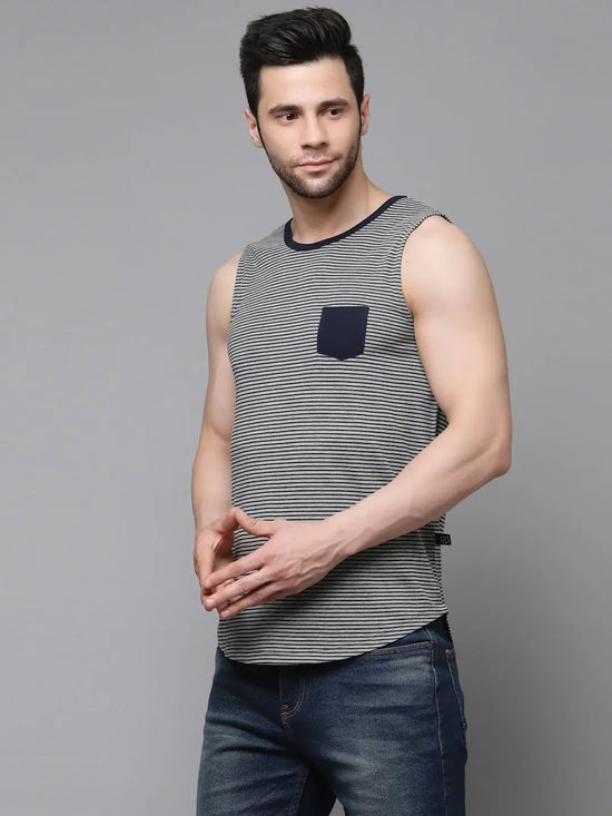 Rigo Grey Navy Stripe With Contrast Patch Pocket Curved Bottom Cotton Sleeveless T-Shirt Vest