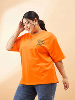 Women Orange Graphic Week End Print T-Shirt