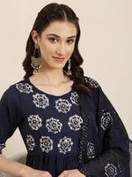 Women Navy Blue Floral Kurta Set-GW-3555-Navyblue