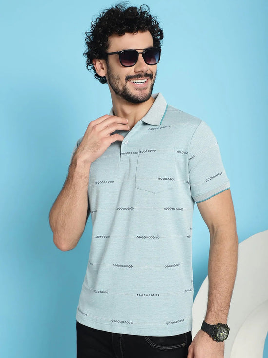 Venitian Men All Over Printed Aqua Green Premium Cotton Polo Neck T-shirt With Pocket