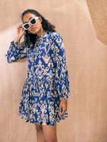 Women Blue Ikat Print Front Button Shirt Tiered Dress