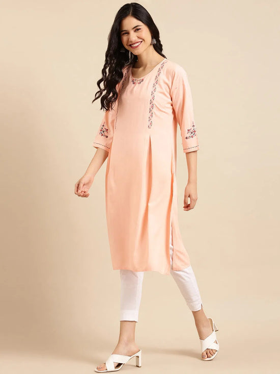 Women's Pink Embroidered Straight Kurta-DF-1202A-Peach