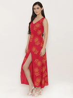 Block Printed Front overlap Maxi dress in Red