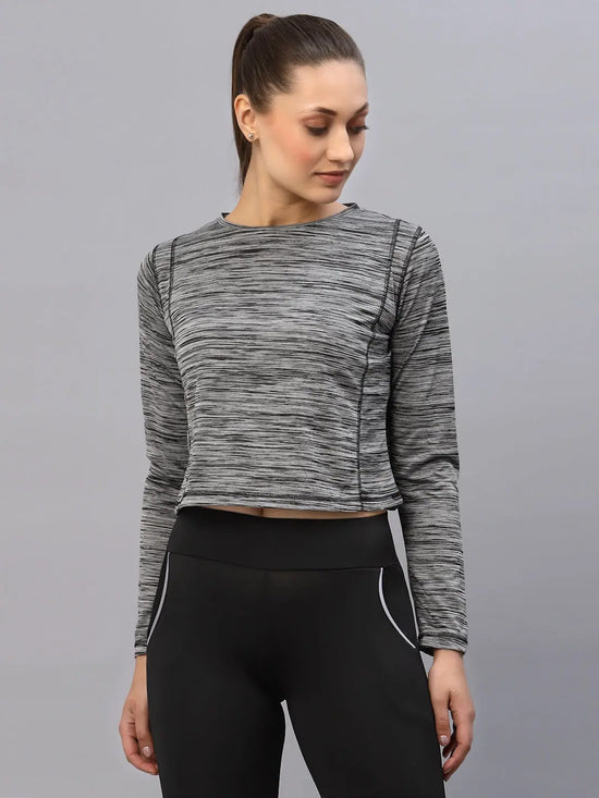 Rigo Grey Self Texture Round Neck Full Sleeve Activewear Crop Top